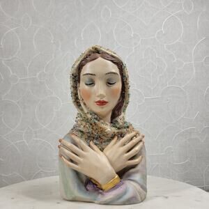 VTG Ceramic Bust 8.5" Hand Painted Porcelain Figurine Textured Girl Sculpture